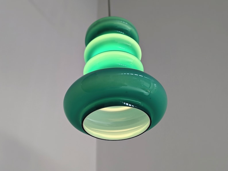 Flygsfors Zweden verbazingwekkende turquoise glazen opaline hanglamp verlicht het moderne Scandinavische midden van de eeuw. MCM Glazen hanger HEMI nr. 550 afbeelding 5