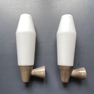 Set of 2 Rare Gunnar Nylund XXL IFÖ sconce 6005 Milk colored glass shade. Brown porcelain base with lines. Space age design from the 1960s