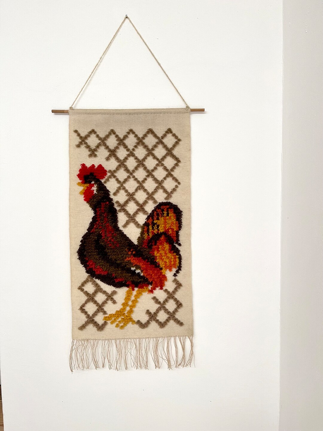 Danish Retro Rug Rooster - Rya. Midcentury, 100% Wool Rya Rug With ...