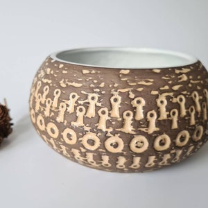 May include: A brown ceramic bowl with a white interior and a repeating pattern of beige circles and abstract shapes.