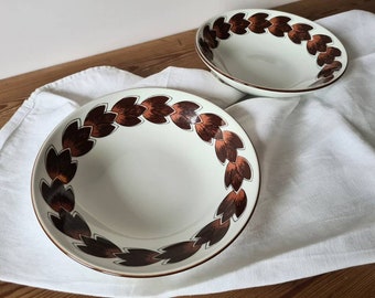 2 KARIN soup plates / cereal bowl - Scandinavian design by Nils Aa Sivertsen, Stavangerflint, Norway. 1970s retro set. Brown leaf pattern.