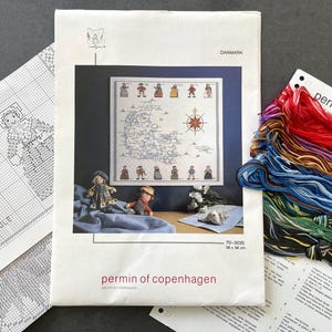 Vintage borduurpakket voor aan de muur of groot kussen. Permin van Kopenhagen. Deense hygge. Handgemaakte vintage jaren 80 kaart van Denemarken 70-3035