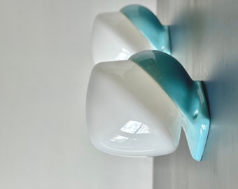 Large IFÖ sconce &quot;6030&quot; by Stig Carlsson Milk colored glass shade - light blue porcelain base. Midcentury modern.