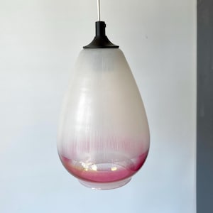 Rare 50s glass pendant. Ceiling lamp with striped glass shade. White and red mid century modern light. Glass bulb with pattern. Maybe LYFA