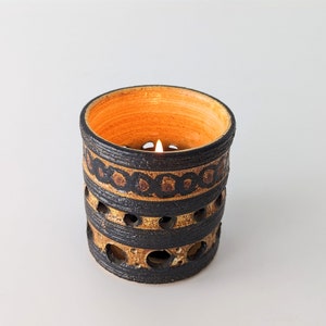 Jette Hellerøe cylindrical lantern - Handmade in Denmark - High quality Scandinavian piece in great condition - 1970s retro with light holes