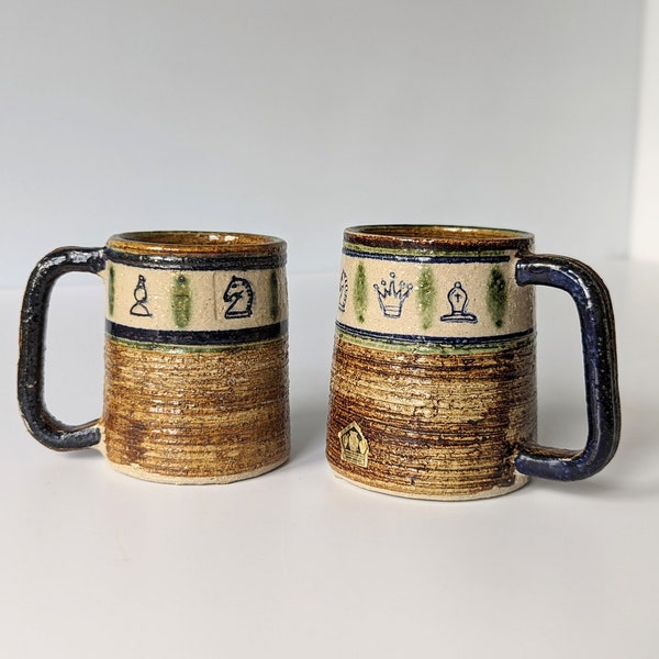 70s CHESS themed mugs. Ceramic set by the Danish ceramic studio "KINGO" - handmade in Denmark. Scandinavian vintage pottery for chess fans!