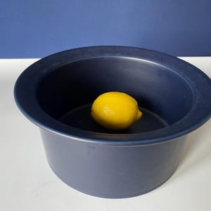 Pode incluir: Uma tigela de cerâmica azul marinho com uma borda larga, contendo um limão amarelo brilhante. A tigela está sobre uma superfície branca contra um fundo azul. O design da tigela é simples e moderno.