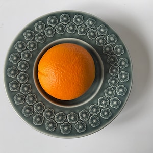 Op de afbeelding: Een hele sinaasappel ligt in het midden van een grijs keramiek bord met een wit bloemenpatroon.