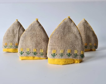 4 Cross stitch egg warmers, large. Handmade design with double fabric.  Easter - vintage 70s - Made in Denmark - Needlework from Scandinavia