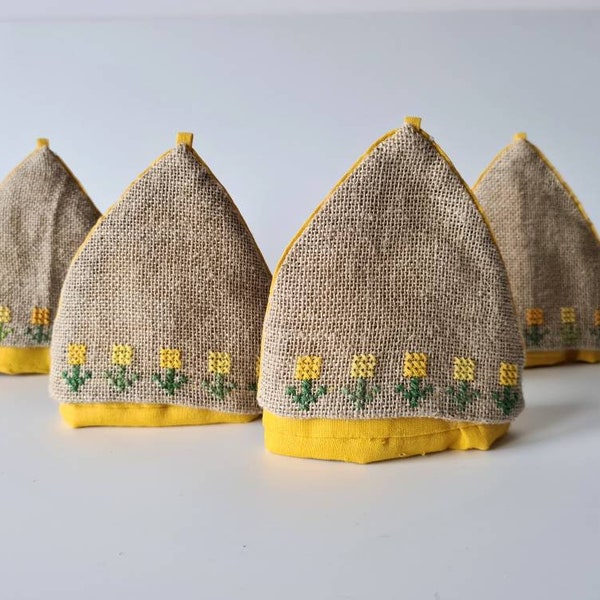 4 Cross stitch egg warmers, large. Handmade design with double fabric.  Easter - vintage 70s - Made in Denmark - Needlework from Scandinavia