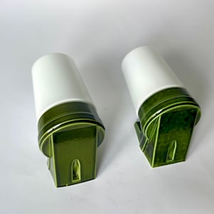 2 X Sigvard Bernadotte sconces for IFÖ. Green Bathroom Lamps number 6070. Scandinavian Mid-century design in glass & Ceramic. MCM Wall lamps