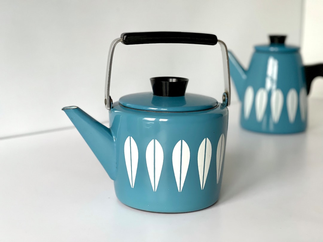 Théière Vintage Cathrineholm Norvège – Bouilloire émaillée Olive, Lotus, Années 60