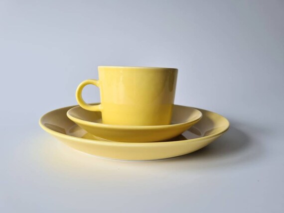 made in Finland Rare hand printed vintage Arabia Finland ceramic yellow stripe coffee cup with saucer by Kaj Franck 1970s