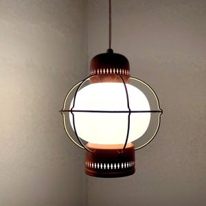 Copper & opal glass maritime navy pendant lamp. Danish MCM design. Vintage design classic Denmark. Scandinavian naval ceiling lamp.