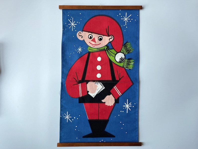 Vintage pocket wall hanging for Christmas letters or surprise gifts Printed cotton Christmas decoration Danish Gnome wall decoration. image 10