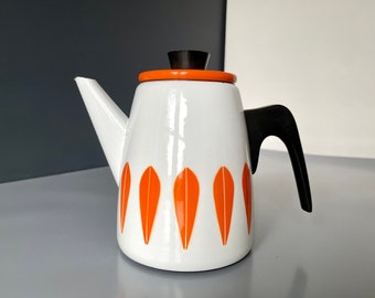 GREAT Lotus teapot by Cathrineholm of Norway - Vintage enamel - retro orange and white coffee / teapot. MCM. 60s charm. Works on induction!