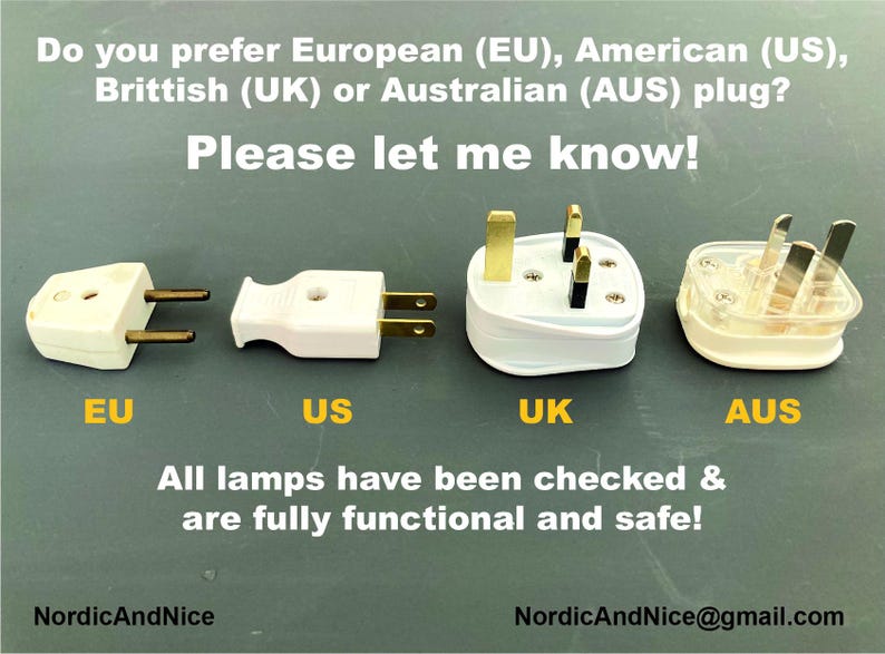 May include: Four different types of electrical plugs: European (EU), American (US), British (UK), and Australian (AUS). The text reads "Do you prefer European (EU), American (US), Brittish (UK) or Australian (AUS) plug? Please let me know!" and "All lamps have been checked & are fully functional and safe!"