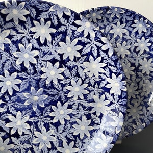 May include: Two ceramic plates with a blue and white floral pattern. The plates feature a repeating design of white flowers and leaves against a dark blue background. The plates are round and have a glossy finish, suitable for serving food.