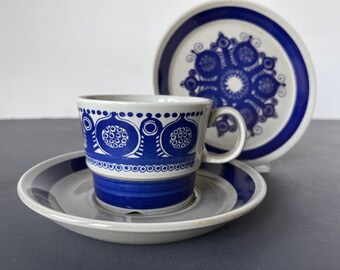 Blue Narvik trio, 70s Stavangerflint. Cup, Saucer & plate. Scandinavian design. Mid century modern. blue pattern, Norwegian / Norway design