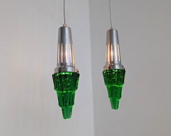 2 X Vitrika icicle/istap pendants. Heavy green glass with Alu top. Istappen/ Icicle Lamp. Light for small spaces/corners. Danish MCM design