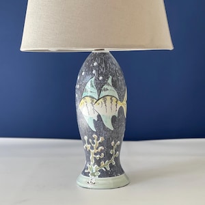 Expressive 60s table lamp by Ireen Keramik, Odense, Denmark. Eu, Us, Uk or Aus power plug. 1960s. Danish Design. Water World motifs
