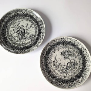 Puede incluir: Dos platos de cerámica en blanco y negro con motivos florales decorativos y escenas de personas. Los platos están sobre un fondo blanco.