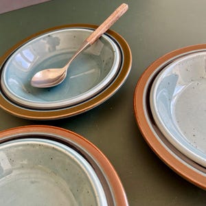 Op de afbeelding: Een set van drie keramische serveerschalen met een lichtblauwe binnenkant en een bruin-zwarte rand. Een zilveren lepel met een houten handvat ligt in een schaal. De ovale schalen staan op een groene ondergrond.