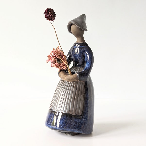 JIE Gantofta XL Elsi Bourelius Ceramic sculpture. Flower girl vase with blue dress and white apron. Vintage 1970s Art Sculpture.