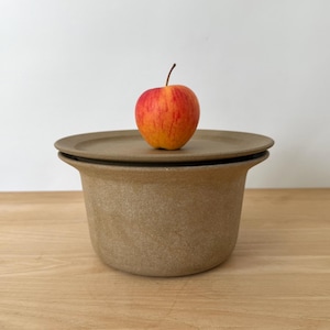 May include: A matte, light brown ceramic bowl with a matching flat lid, featuring a wide, flared rim. A single fresh apple with a gradient of red and yellow skin is placed directly on top of the center of the lid, showcasing its natural stem.