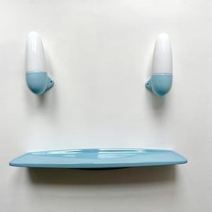 2 x 60s big wall lamps in glass and porcelain with matching shelf. High quality. Midcentury Bauhaus style vintage sconces. E14 socket MCM