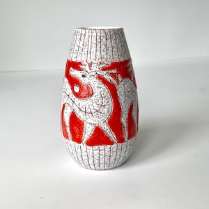 Fratelli Fanciullacci vase white & orange Decorated Ceramic - Italian mid century pottery. Sketches of deer / animals. 60s Italy design
