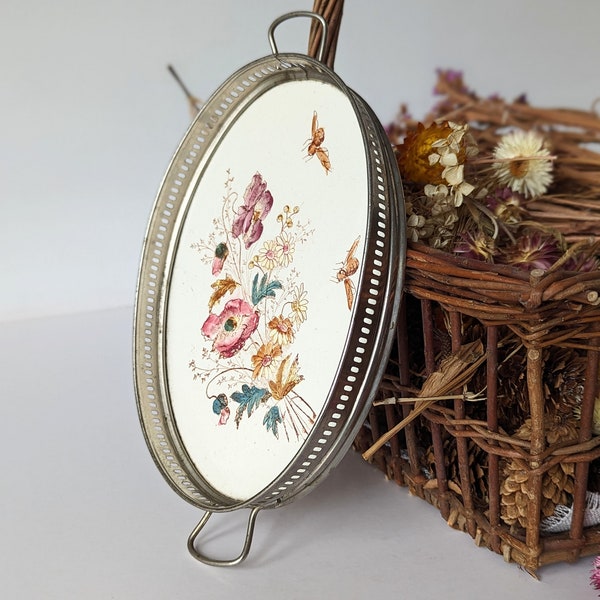 Vintage hand painted porcelain tray / serving platter. Oblong tray with handles in metal. Wild flower bouquet decoration.  French serving