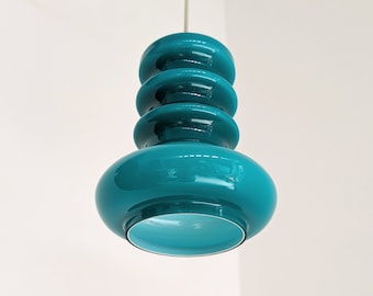 Flygsfors Sweden amazing hooped turquoise glass opaline hanging lamp lights mid century modern Scandinavian. MCM Glass pendant HEMI nr. 550