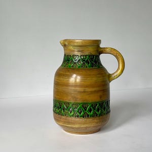Large Bitossi jug with rare pattern - Mezza Chiave (half key) - Italian mid century pottery. Heavy ceramic jug in green and earthy colors.