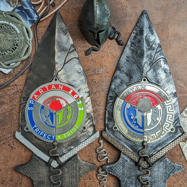 Spartan Race Spear 2024 SNAKE DESIGN Spartan Trifecta Medal display with real leather, an intricate snake, and snake scale plus some skulls