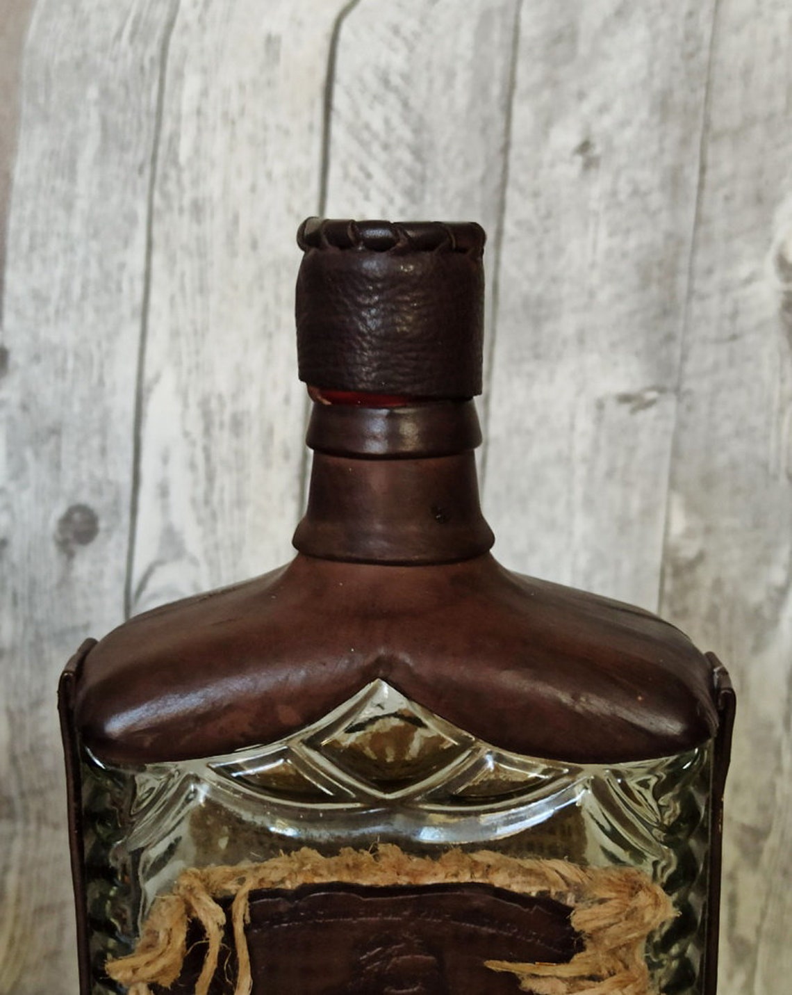 Vintage leather decorative glass bottle. Unique old bar decor. Etsy