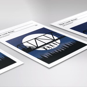 May include: A minimalist poster design featuring a silhouette of a bridge with figures dancing on it, set against a backdrop of a full moon and a starry night sky. The text "The Lost Boys" and "Joel Schumacher" are printed in white at the top of the poster.