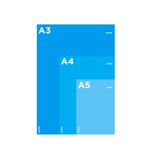 May include: A diagram showing the different sizes of paper, labeled A3, A4, and A5. The paper sizes are shown in blue, with the largest size, A3, being the darkest blue and the smallest size, A5, being the lightest blue. The dimensions of each paper size are listed in millimeters.