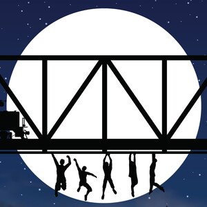 May include: Silhouette of five people hanging from a bridge over a train track with a full moon in the background. The sky is dark blue with white stars.