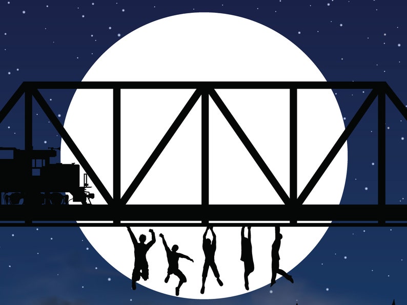 May include: Silhouette of five people hanging from a bridge over a train track with a full moon in the background. The sky is dark blue with white stars.
