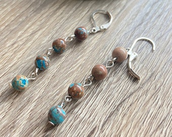 Beaded Dangle Earrings / Brown and Blue Jasper / Gift Box and Shipping Included