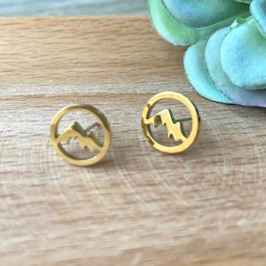 Mountain Earring / Hiking, Skiing, Snowboarding Earrings / Nature Lover /Lightweight Stud Set / Gift Box Included Gold Circle