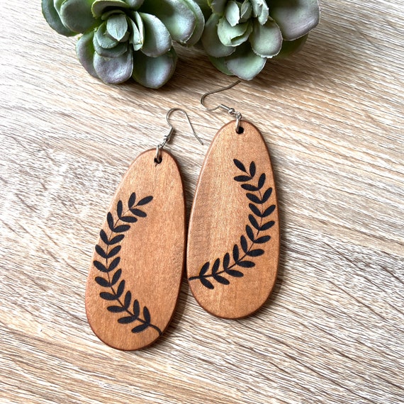 Large Wooden Dangle Earring / Wood Burned Earring / Free | Etsy