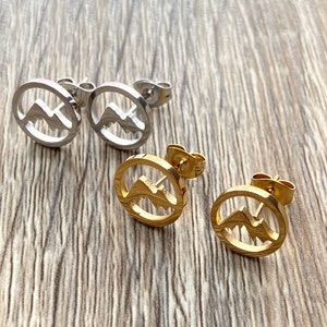 Mountain Earring / Hiking, Skiing, Snowboarding Earrings / Nature Lover /Lightweight Stud Set / Gift Box Included Gold & Silver Circle