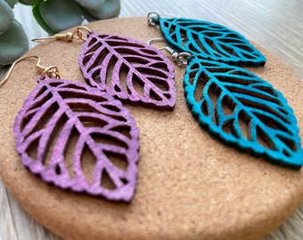 Wooden Leaf Earrings / Turquoise or Purple / Hypoallergenic / Boho Earrings / Gift Box Included