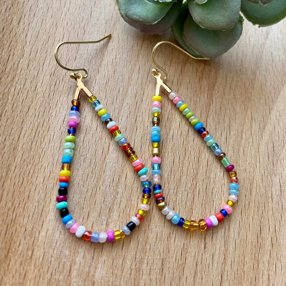 Teardrop Beaded Dangle Earrings Multicolor Earring Seed Bead