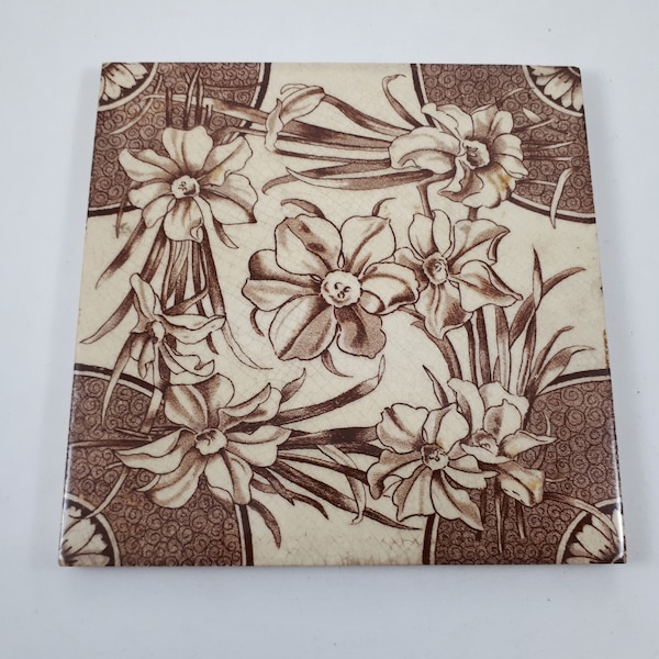 Antique Brown Transferware Tile, T & R Boote, Architectural Salvage, Daffodils