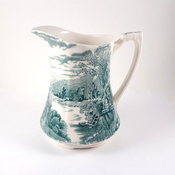 Vintage Tintern Transferware Pitcher, Blue Green, Alfred Meakin, English Countryside, 5 1/2 Inches