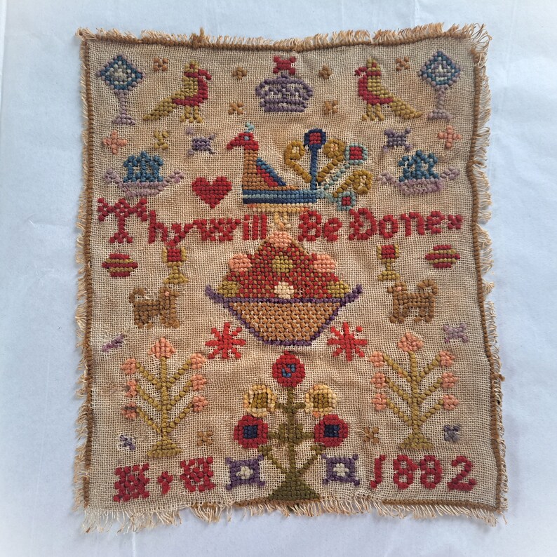 Antique Needlework Sampler Thy Will Be Done Original 19th Etsy
