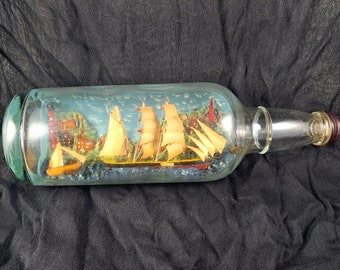 Vintage Nautical Folk Art Ship in a Bottle, Hand Crafted, Naive Primitive, Sailboat Model